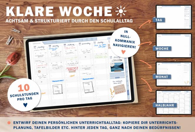 Detailansicht Wochenplanung, digitaler Lehrerkalender 2024 2025 mit extra Notizseiten für jeden Tag und jede Woche