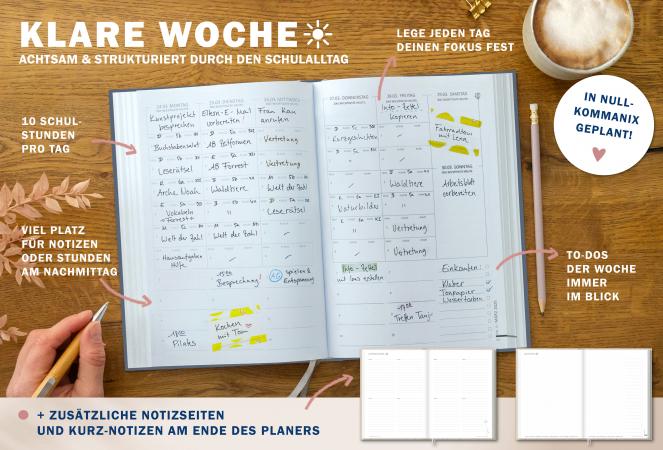 Detailansicht Wochenplanung Lehrerkalender 2024 2025 mit Jahresübersicht, Stundenpläne, Klassenliste, blau rosa