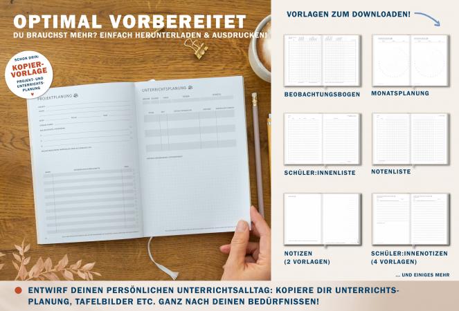 Lehrerkalender für Schuljahr 2024 2025, creme blau rot gelb, mit Stundenplan, Klassenlisten, Kontaktlisten, Beobachtungsbögen, Vertretungsstunden, u.v.m.