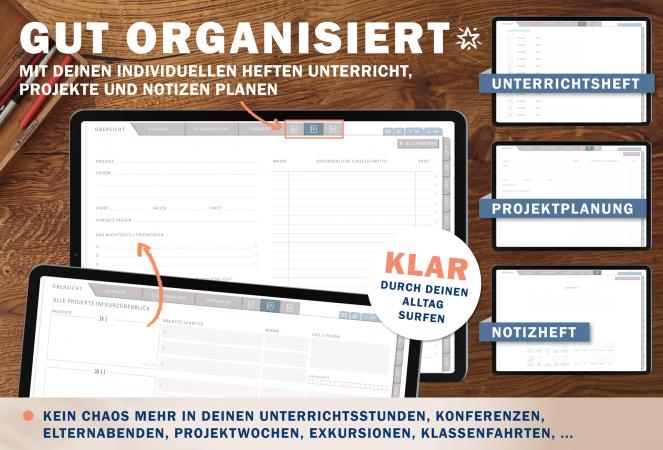 Digitaler Lehrerkalender für Schuljahr 2024 2025 zum Download, individuell gestaltbar, mit Stundenplan, Klassenlisten, Kontaktlisten, Klassenarbeiten Planung, Vertretungsstunden, u.v.m.