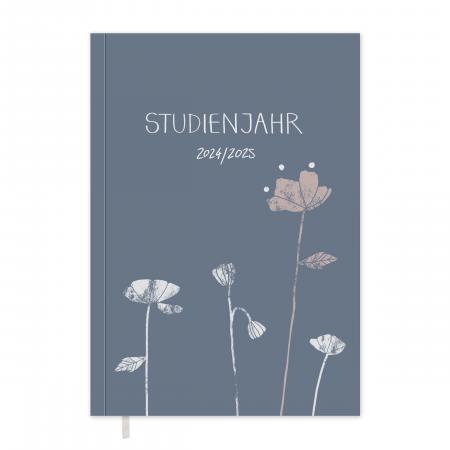 Studienkalender 2024 2025 blau mit Blumen inkl. Planungshelfer für die Studienplanung