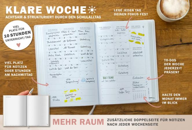 Detailansicht Wochenplanung Lehrerkalender 2025 2026 mit Jahresübersicht, Stundenpläne, Klassenliste, weiß