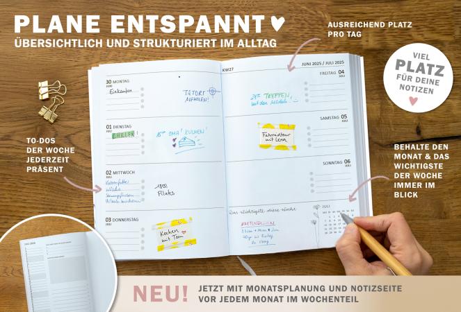 Detailansicht Wochenübersicht 18 Monate A5 Terminkalender 2025 2026, beige weiß rosa