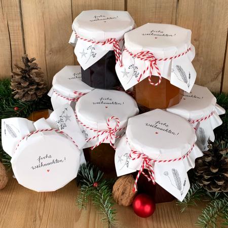 Marmeladendeckchen zu Weihnachten im Kalligrafie Design Weiß