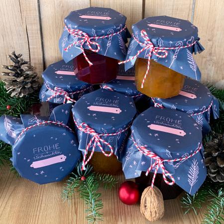 Marmeladendeckchen zu Weihnachten im Handlettering Design Blau Rosa