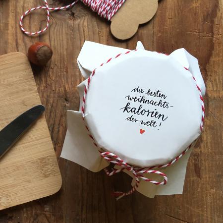 Marmeladendeckchen Weiß zu Weihnachten im Kalligrafie Design für Weihnachtsgeschenke