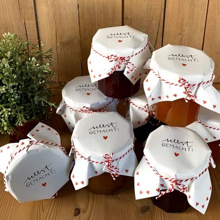 Marmeladendeckchen Weiß im Kalligrafie Design für schön verpackte Marmelade Geschenke