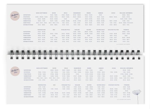 Tischkalender 2021 2022 inkl. Feiertage und Ferien, blau rosa mit Blumen