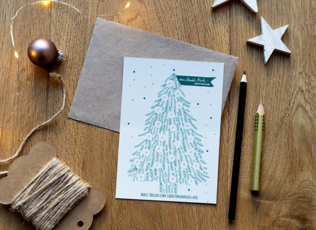 Mini Adventkalender Karten mit Christbaumkugeln zum Ausmalen, Grün Weiß