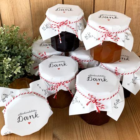 Marmeladendeckchen für Hochzeit Gastgeschenke im floralen vintage Design, Schwarz Weiß