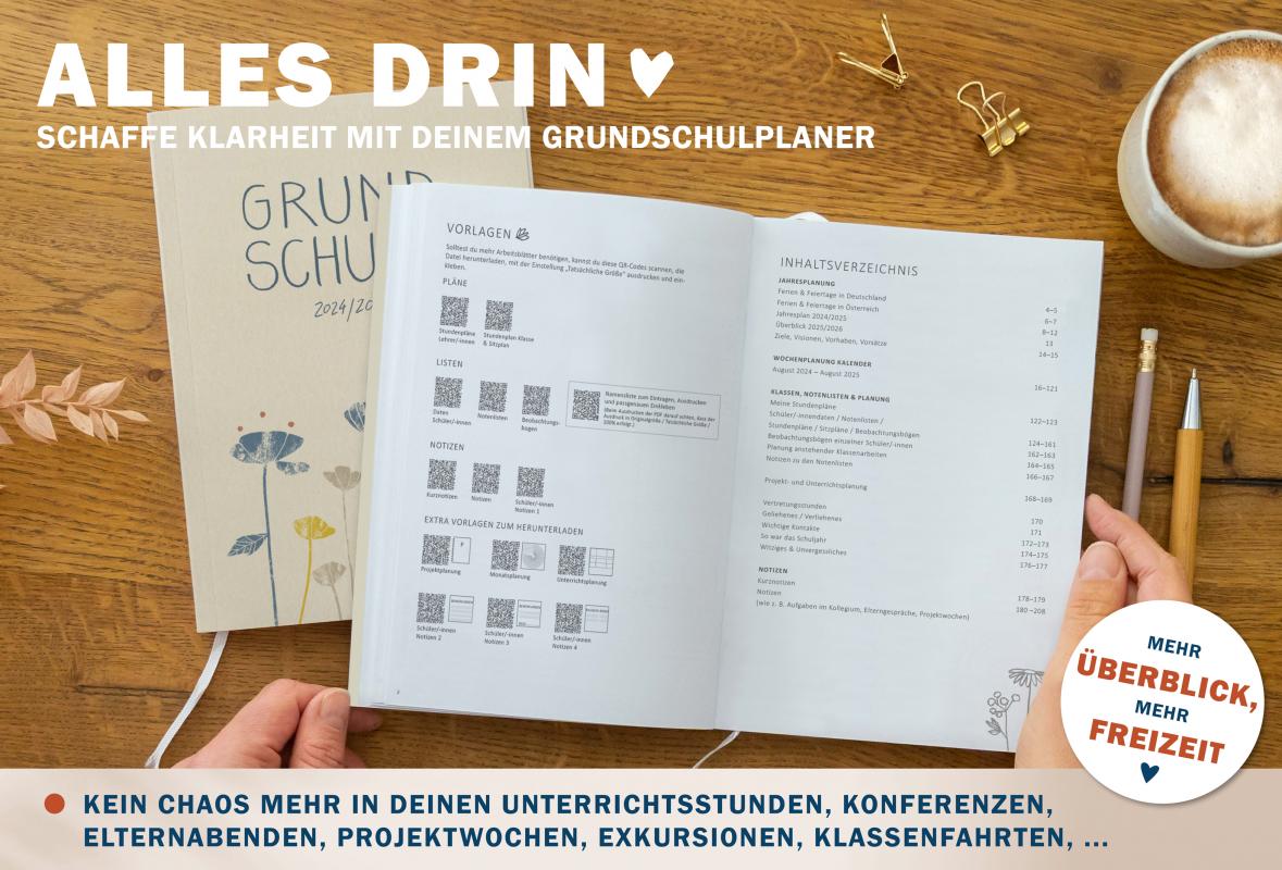 Lehrerkalender 2024 2025 beige blau mit Blumen mit Planungshelfer für Unterrichtsvorbereitung und Schuljahr Planung