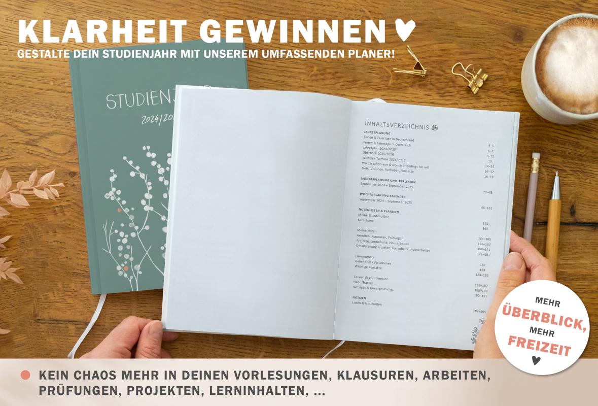 Studienplaner 2024 2025 grün weiß orange mit Blumen als Terminkalender für die Studienplanung