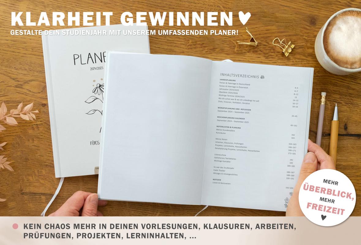 Studienplaner 2024 2025 weiß schwarz beige mit Blumen als Terminkalender für die Studienplanung