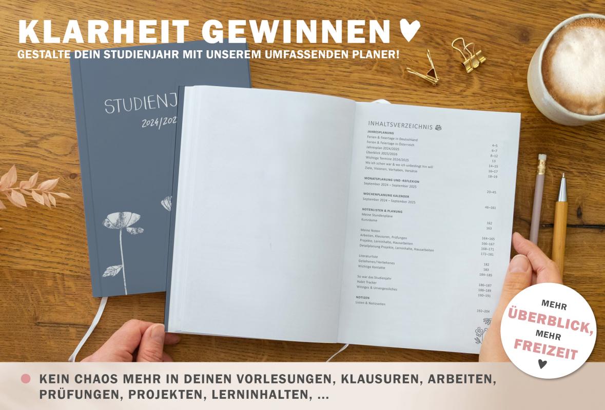 Studienkalender für Semester 2024 2025, blau mit Blumen, mit Monatskalender und zwei Seiten für die Wochenplanung