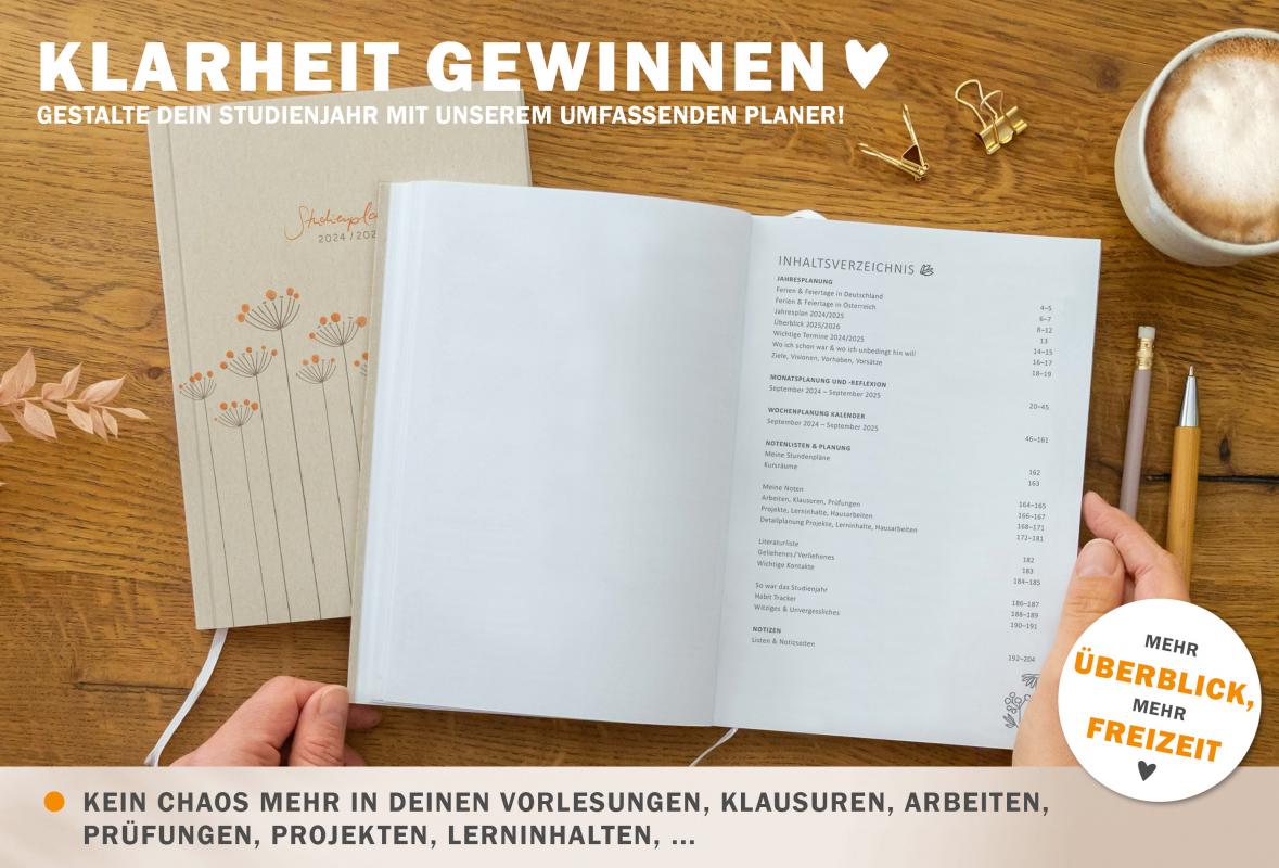 Studienplaner für Semester 2024 2025, creme mit Blumen, für Studierende, Erstsemester zum Studienanfang oder Semesterbeginn