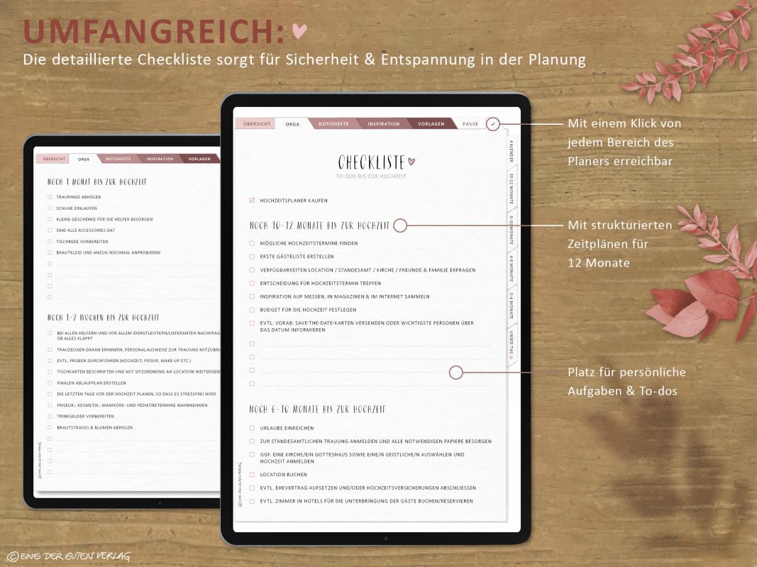Hochzeitsplaner digital mit detailliertem Zeitplan und umfangreichen Checklisten, creme rosa