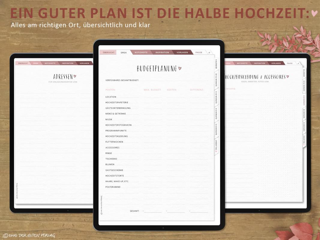 Digitaler Hochzeitsplaner mit Budgetplan, Zeitplan, Checklisten, digital Wedding Planner, creme rosa