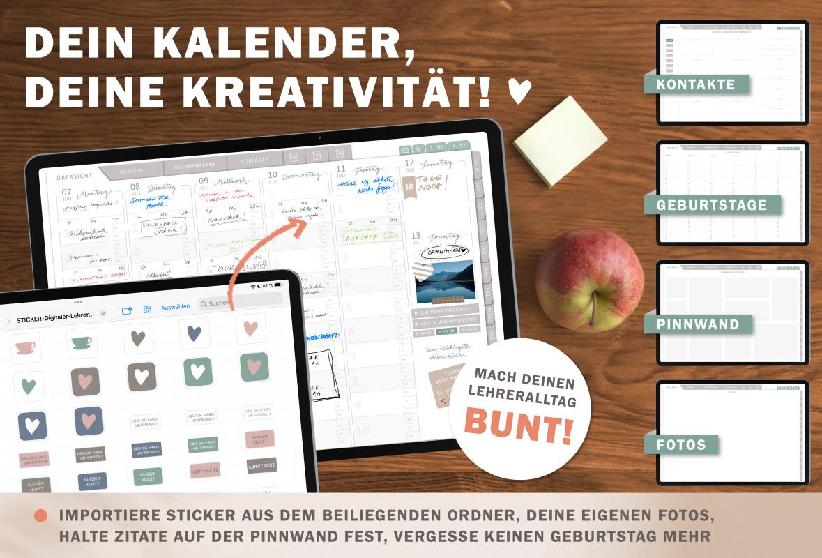 Digitaler Lehrerkalender für Schuljahr 2024 2025 zum Download, individuell gestaltbar, mit Stundenplan, Klassenlisten, Kontaktlisten, Klassenarbeiten Planung, Vertretungsstunden, u.v.m.