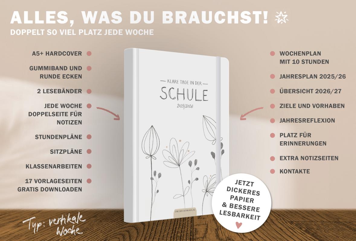 Detailansicht Wochenplanung Lehrerkalender 2025 2026 mit Jahresübersicht, Stundenpläne, Klassenliste, weiß