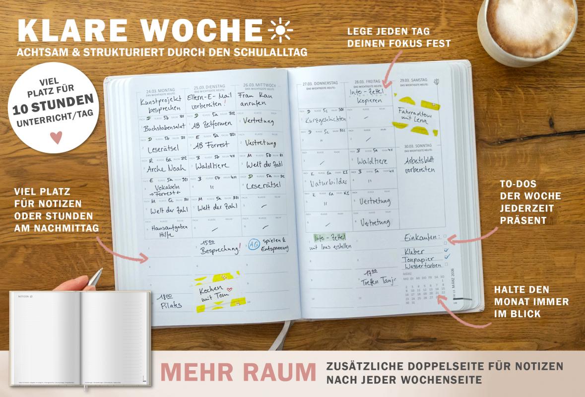 Detailansicht Wochenplanung Lehrerkalender 2025 2026 mit Jahresübersicht, Stundenpläne, Klassenliste, weiß