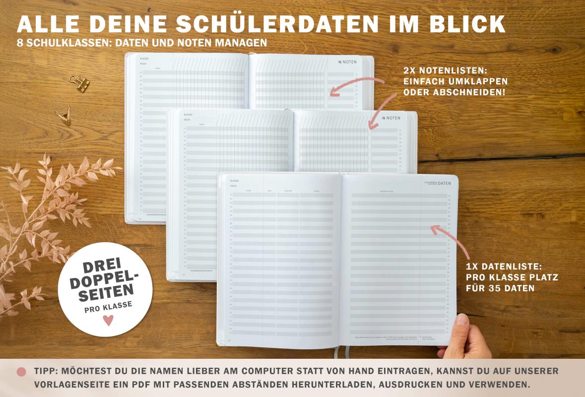 Lehrerkalender für Schuljahr 2025 2026, weiß, mit Stundenplan, Klassenlisten, Kontaktlisten, Klassenarbeiten Planung, Vertretungsstunden, u.v.m.