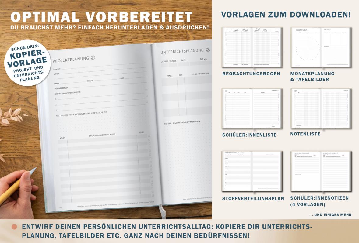 Terminkalender für Lehrerinnen & Lehrer, Schuljahr 2025 2026, mit Stundenplan, Klassenliste und Planungshelfer