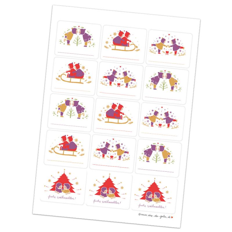 Weihnachtssticker für eure Weihnachtsdeko in Lila Weiß Rot Gelb mit Nostalgie Illustrationen