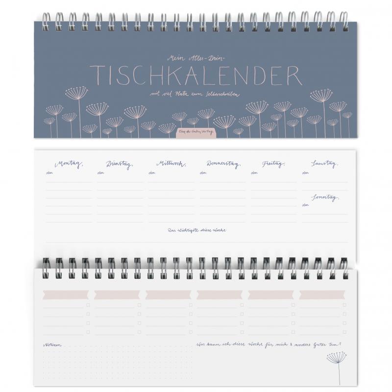 Tischkalender 2021 2022 im Handlettering Vintage Design, blau rosa mit Blumen