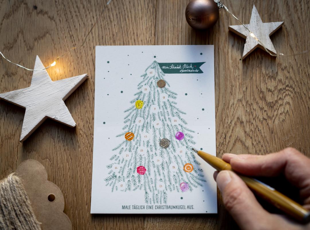 Mini Adventkalender Karten mit Tannenbaum Und Kugeln zum Ausmalen, Grün Weiß