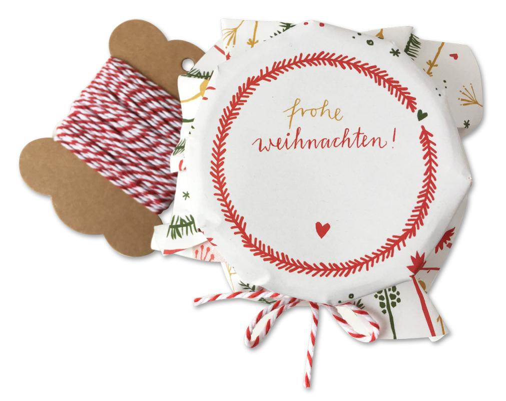 Marmeladendeckchen weihnachtlich, Weiß Rot Grün Gelb mit Blumen und Zweige